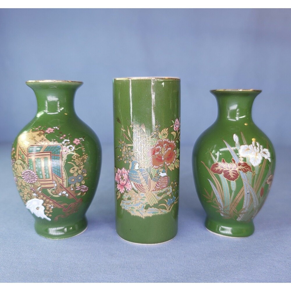 Oriental Mini Bud Vases Hand Painted Green Vintage Chinese w/ Flowers & Birds